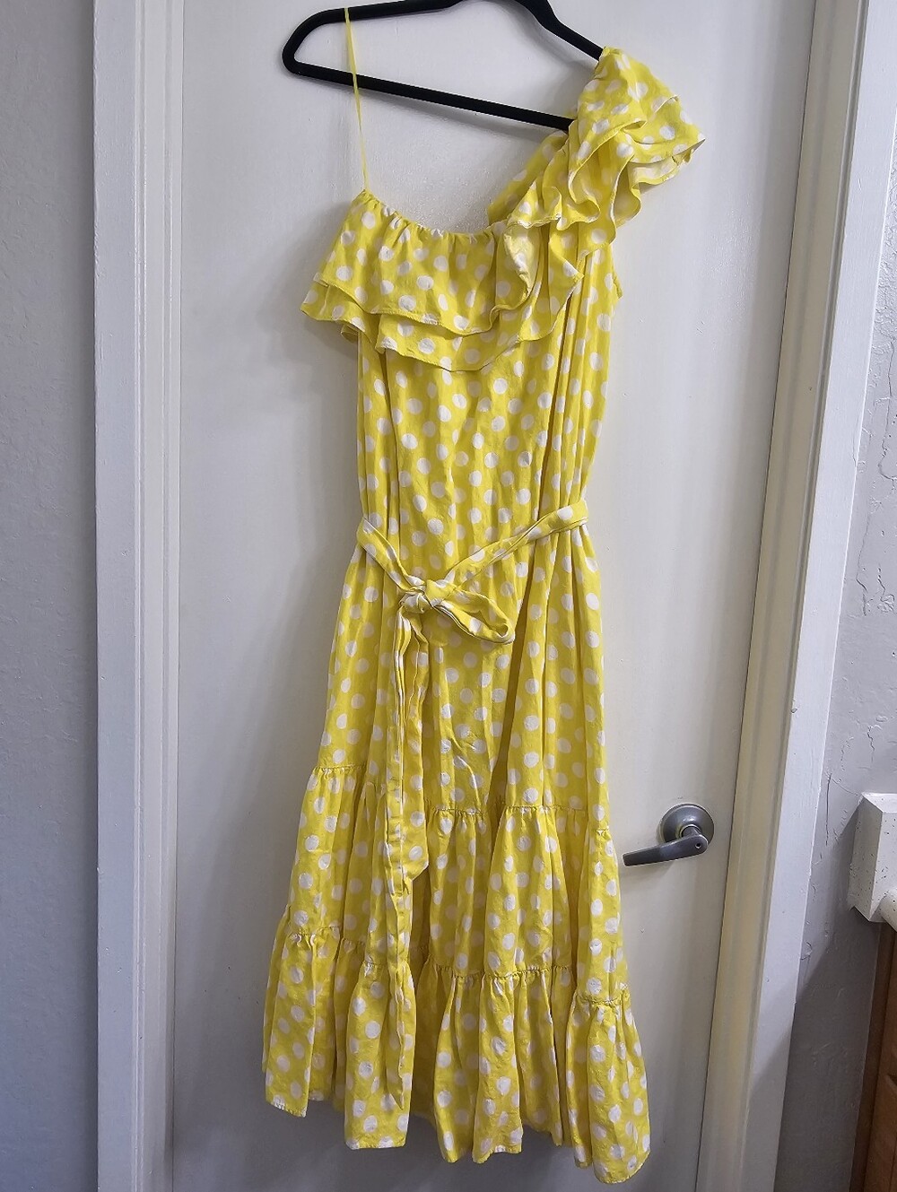 Lisa Maroe Fernandez Yellow Polka Dot One-Shoulder Ruffle Dress